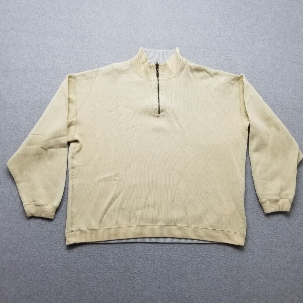 Tommy Bahama Sweater Mens 2XL Tan Long Sleeve Pullover Mock Neck Zip Casual